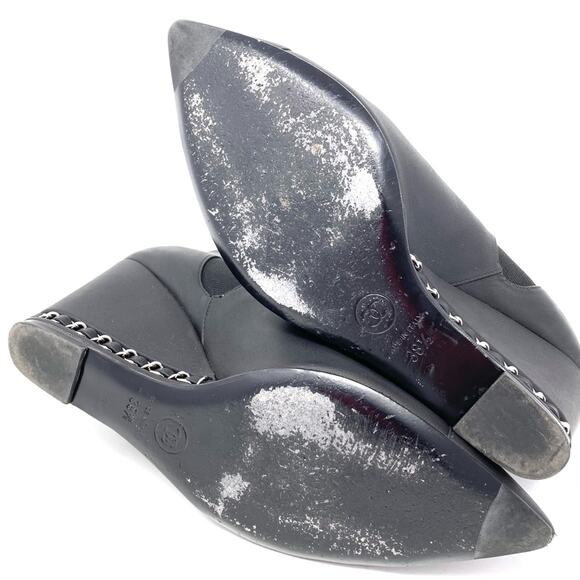 Chanel Black Leather Pointed Toe Wedge Boots w/ Chain Detail 38.5 - Picture 12 of 14